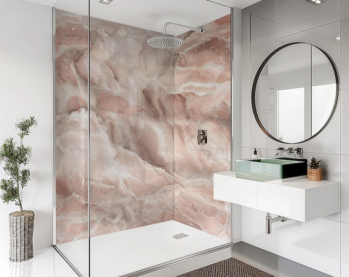 Pink Marble Shower Panel Waterproof, Grout-Free Tile Alternative, Marble Effect