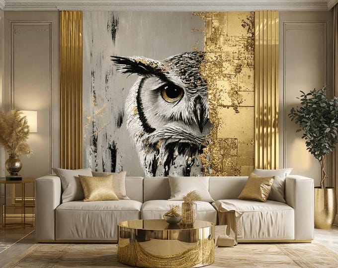 Golden Owl Wall Mural – Custom Made Feature Wallpaper, Mould-Resistant