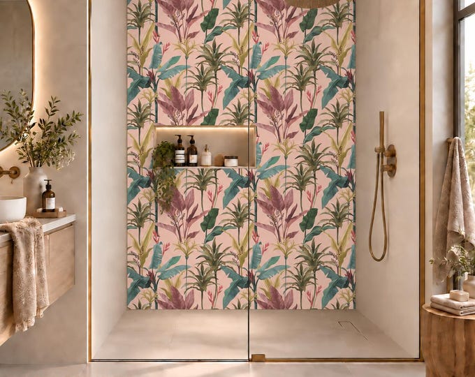 Tropical Palm Leaf Shower Panel, Blush Pink Waterproof Wall Feature (Custom Size)