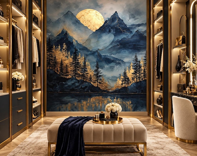 Golden Mountain Moon Wallpaper | Blue & Gold Landscape Wall Mural | Mystical Forest Wallpaper