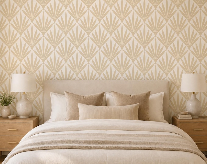 Art Deco Palm Fan Wallpaper, Beige Geometric Tropical Wall Decor (Made to Measure)