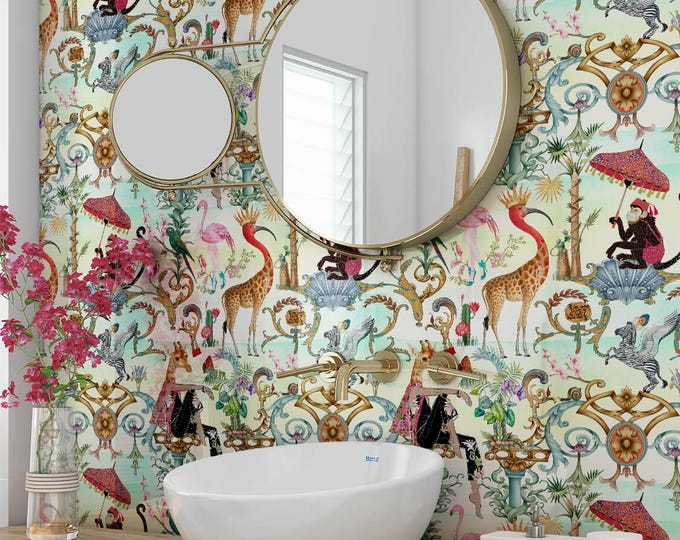 Magic Garden Wallpaper, Exotic Animals, Chinoiserie Jungle Mural, Botanical Wall Decor