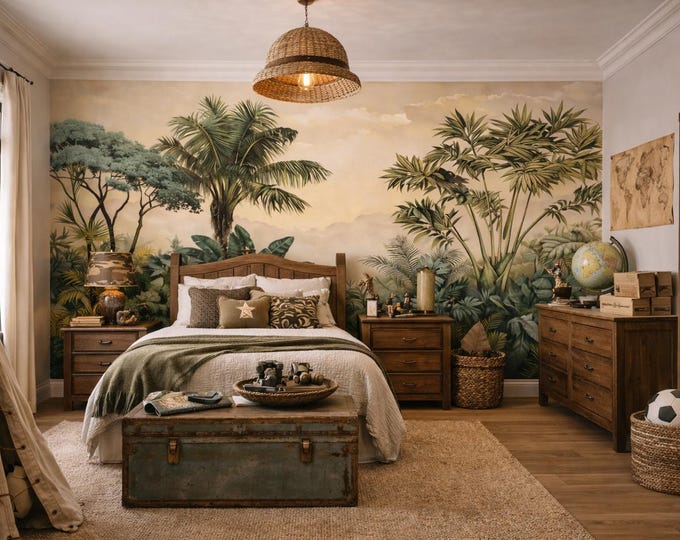 Safari Wall Mural, Tropical Nursery Decor, Custom Size