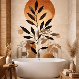 May include: A modern bathroom with a white oval bathtub. The wall features a large abstract mural with a black plant design, orange sun, and geometric shapes. Wooden accents include a small stool and a bench, creating a spa-like atmosphere.