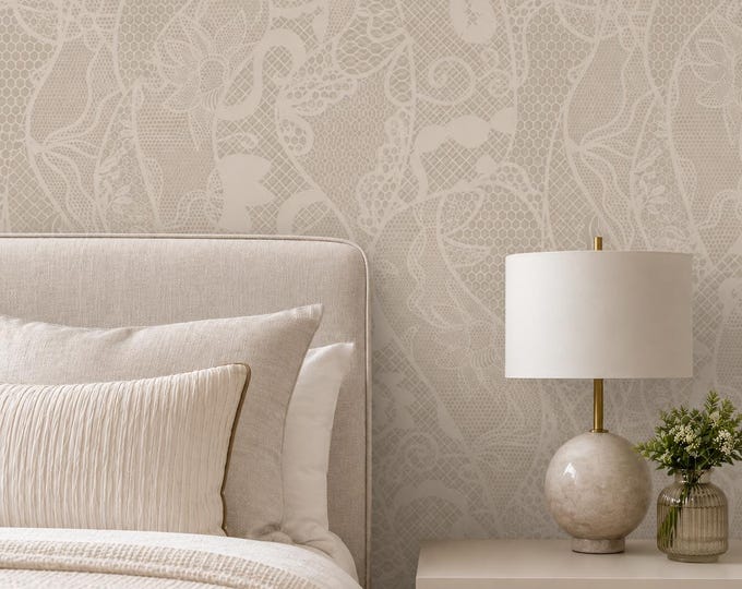 Lace Mirage Beige Lace Wallpaper, Vintage Floral Pattern, Romantic Neutral Wall Decor, Elegant Bedroom & Powder Room Wallpaper