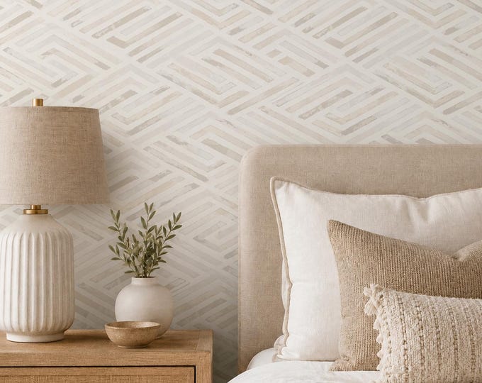 Sandstone Maze Geometric Wallpaper, Beige Taupe Abstract Pattern, Japandi Wall Decor