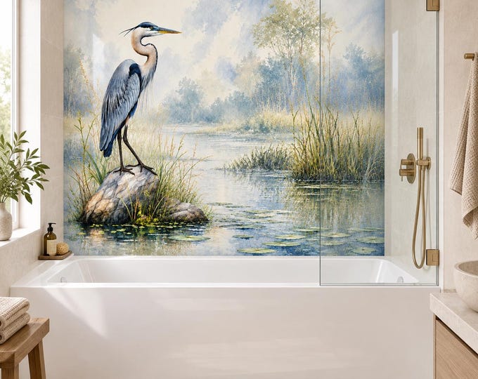 Blue Crane Bird Wet Land Illustration Shower Wall Panels – Custom Waterproof ACM Cladding