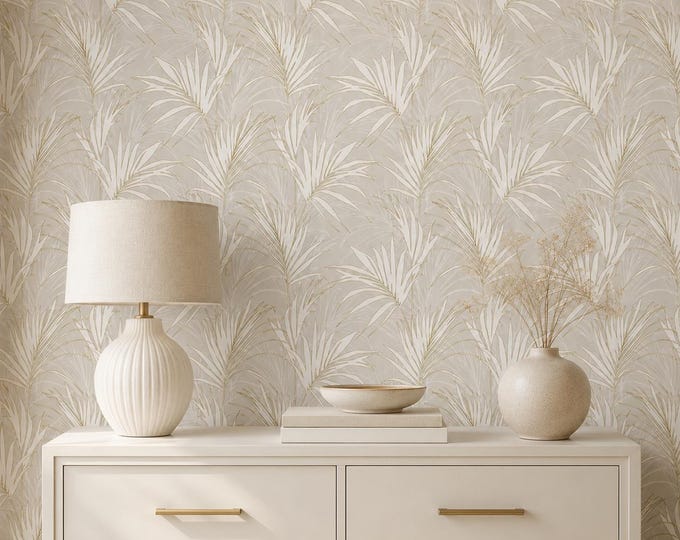 Golden Palmera Palm Leaf Wallpaper, Beige and Gold Tropical Botanical, Luxury Neutral Wallpaper, Elegant Bedroom & Powder Room Decor