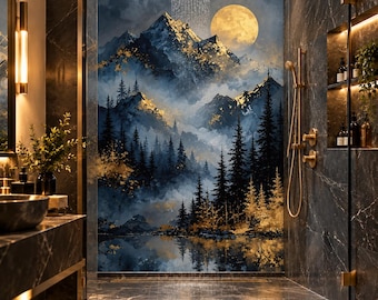 Golden Moon Mountain Shower Panel – Moody Blue Forest Bathroom Wall Panel, Luxury Nature Waterproof Shower Wall