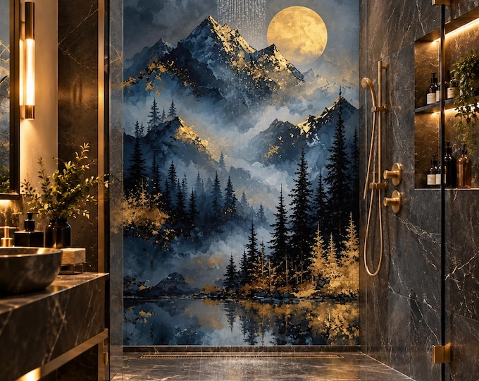 Golden Moon Mountain Shower Panel – Moody Blue Forest Bathroom Wall Panel, Luxury Nature Waterproof Shower Wall