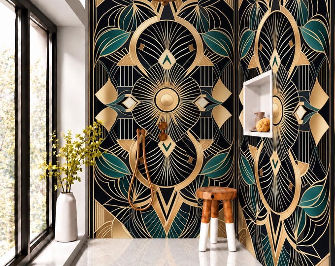 Art Deco Emerald & Gold Shower Panel – Black Geometric Botanical Bathroom Wall Panel, Luxury Gatsby Waterproof Shower Wall