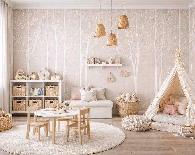 Scandinavian Birch Forest Wall Mural, Neutral Woodland Wallpaper