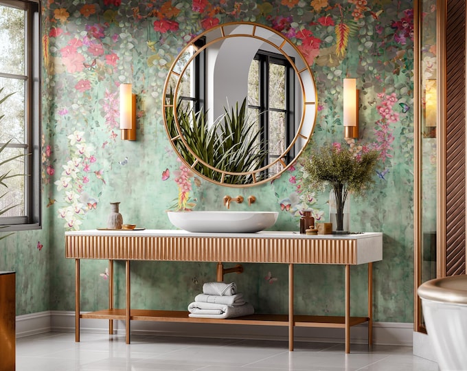 Green Botanical Waterproof Shower Panel, Grout-Free Bathroom Wall Cladding
