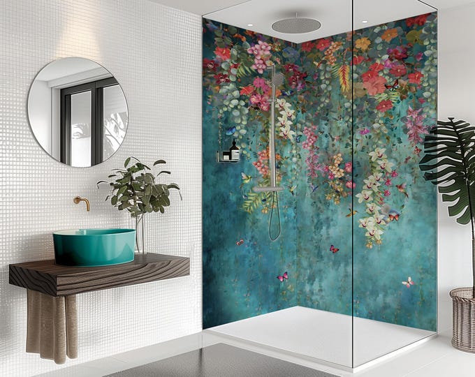 Blue Botanical Waterproof Shower Panel, Floral Grout-Free Bathroom Wall Cladding