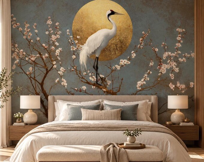 Japanese Golden Sun Crane Wallpaper | Gold Moon & Blossom Wall Mural | Chinoiserie Bird Wallpaper