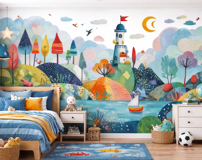 Whimsical Lighthouse Wall Mural – Storybook Forest & Ocean Wallpaper for Nursery, Kids Bedroom, Playroom