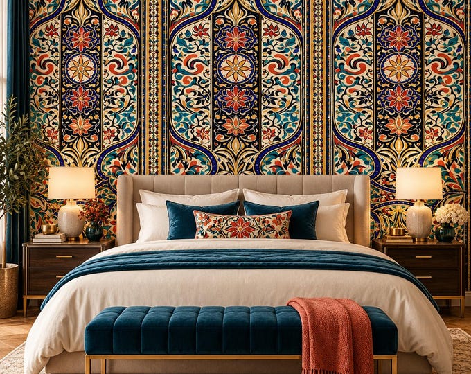 Moroccan Tile Wallpaper | Ornate Floral Wall Mural | Mediterranean Pattern Wallpaper | Blue Orange Vintage Feature Wall