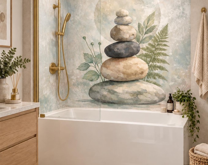 Zen Stacked Stones Shower Panel – Spa Pebble & Botanical Bathroom Wall Panel – Neutral Watercolour Waterproof Shower Splashback