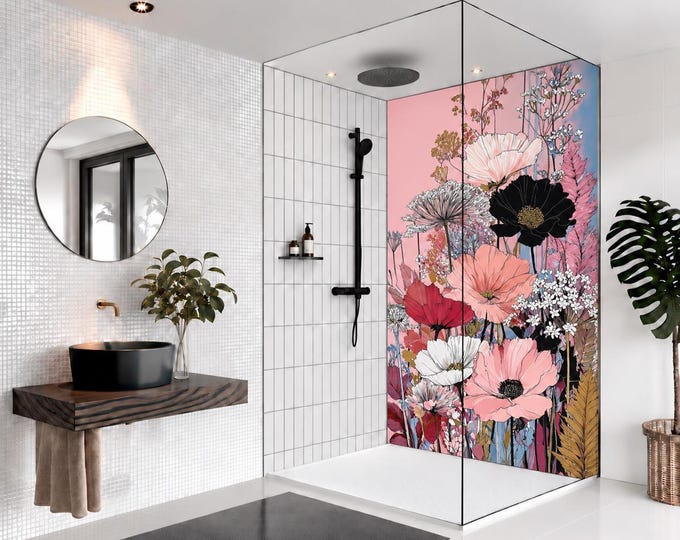 Contemporary Floral Line Art Shower Panel, Pink Botanical Bathroom Wall Panel, Black & Blush Poppy Flowers, Waterproof Statement Shower Wall