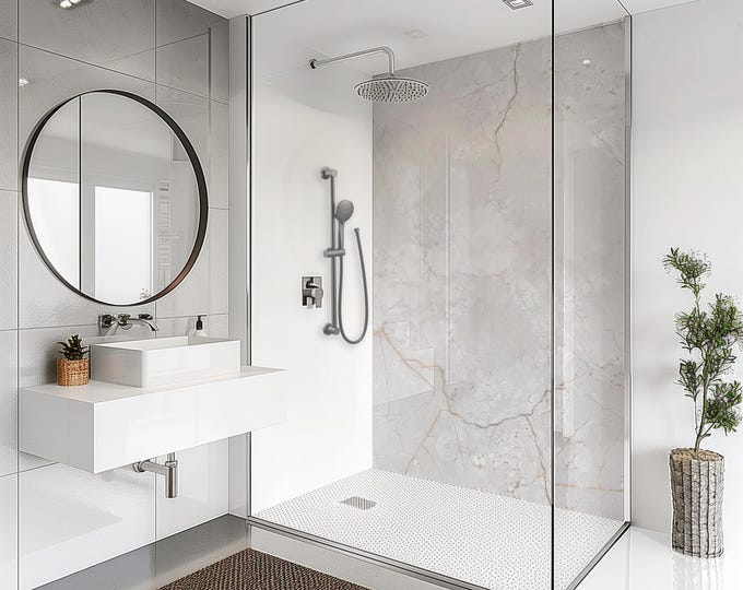 Marble Shower Panel, Waterproof Modern Bathroom Wall Cladding, Light grey