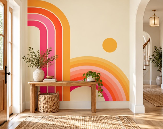 Retro Rainbow Arch Wallpaper Mural | Pink Orange Arch Wall Art | Mid Century Modern Wallpaper