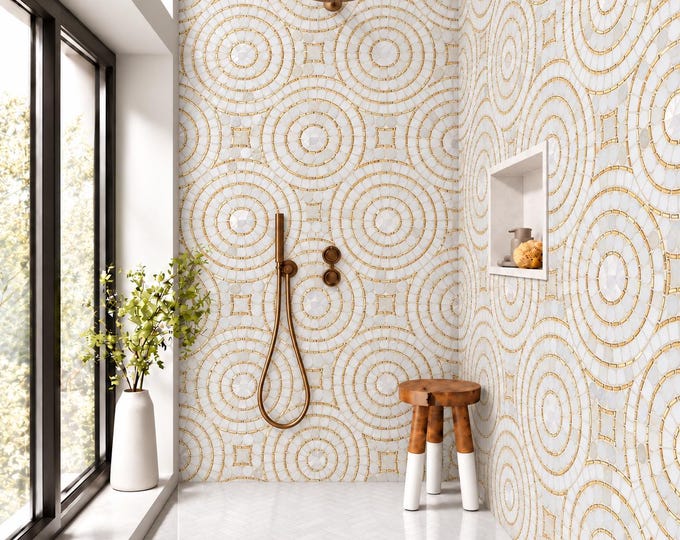Celestial Gold Mosaic Shower Panel – Luxury Geometric Tile Bathroom Wall Panel – Pearl Marble Waterproof Shower Splashback