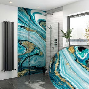 May include: A bathroom with a shower featuring a teal, white, and gold marble-patterned wall. The shower has a glass door and a silver shower head. A black radiator is on the left, and a window with a view is on the right.
