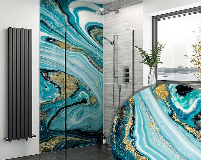 Blue Marble Tile Shower Panel 48" x 96", Waterproof Bathroom Cladding, Modern Tile Alternative