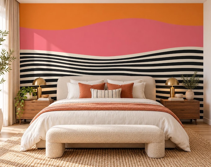 Retro Horizon Graphic Wallpaper Mural | Pink Orange Black Abstract Wallpaper | Wavy Stripe Wall Mural