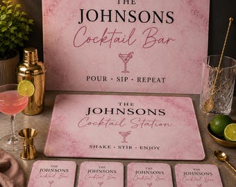 Personalised Cocktail Chopping Board, Bar Sign, Coasters Set, Home Bar Gift