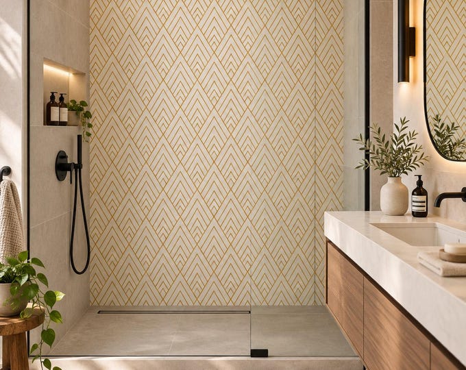 Mustard Gold Art Deco Shower Panel, Geometric Bathroom Wall Decor (Waterproof)