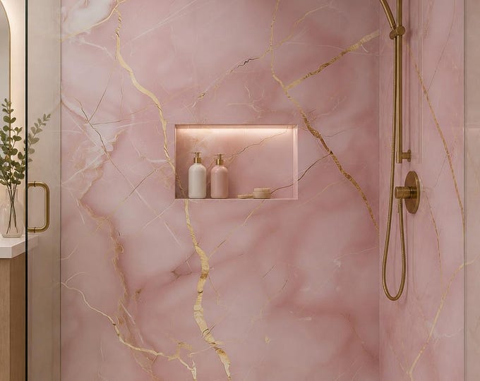 Pink Gold Marble Tile Shower Panel 48" x 96", Waterproof Bathroom Cladding, Modern Tile Alternative