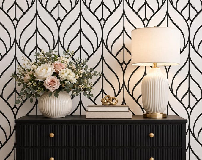 Black White Geometric Leaf Wallpaper, Art Deco Botanical Pattern, Minimalist Statement Wall Decor