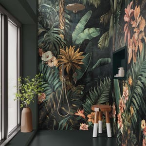May include: A bathroom with a tropical jungle-themed mural. The mural features lush green foliage, flowers, and palm trees. A wooden stool with white-tipped legs sits in front of the mural. A shower head and faucet are visible. A vase with greenery sits near a window.