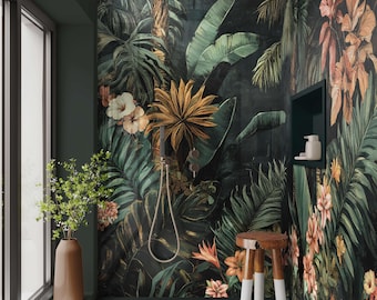 May include: A bathroom with a jungle-themed mural featuring green foliage, flowers, and palm trees. A wooden stool with white-tipped legs is in front of the mural. A shower head and faucet are visible. A vase with greenery sits near a window.