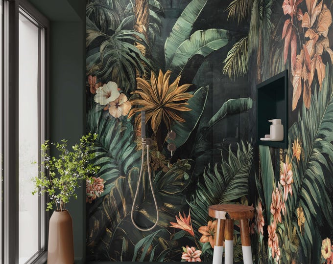 Dark Jungle Shower Panel, Waterproof Botanical Bathroom Wall Cladding