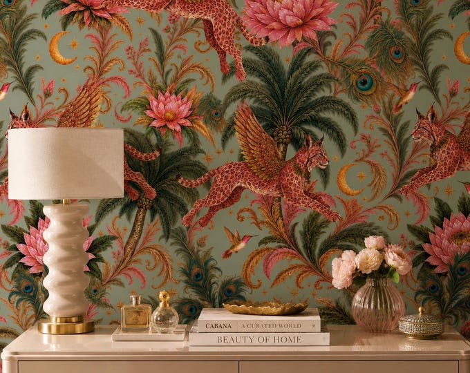 Sage Green and Pink Winged Lynxes and Emerald Palms on Duck Egg background, Botanical Wall Mural, Lush Floral Feature Wall