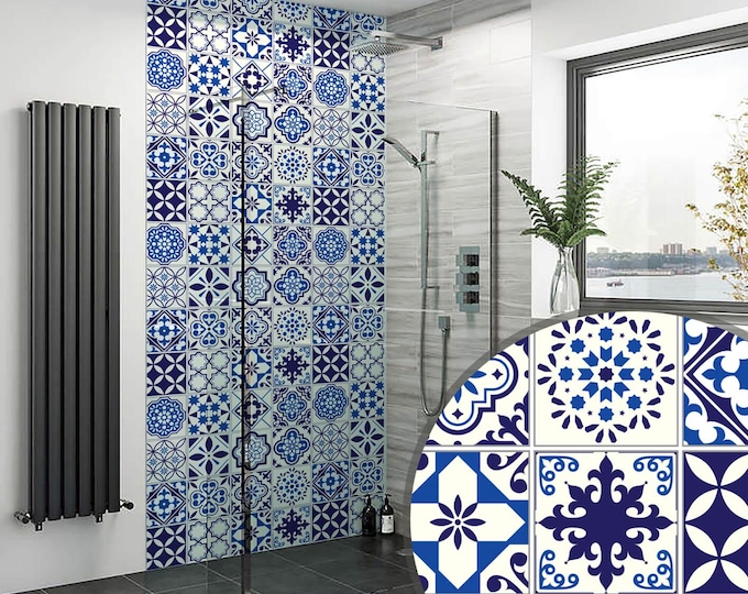 Azulejo Blue Tiles Shower Wall Panel, Custom Size Waterproof Bathroom Cladding, Grout-Free Tile Alternative