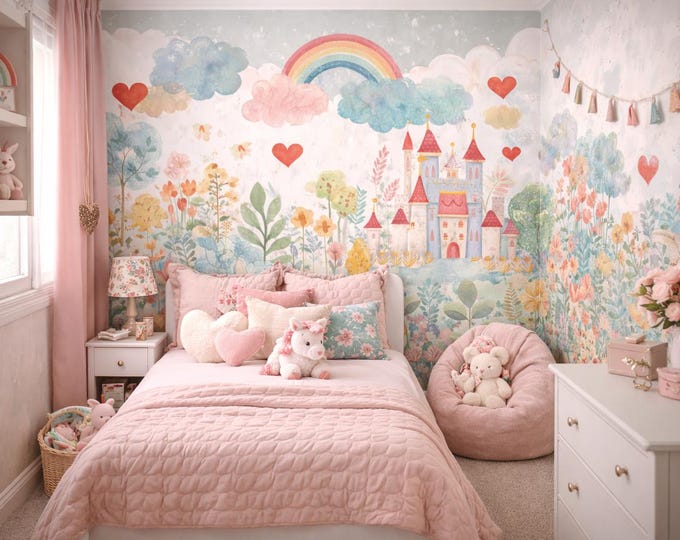 Rainbow Castle Nursery Mural – Fairytale Princess Bedroom Wallpaper