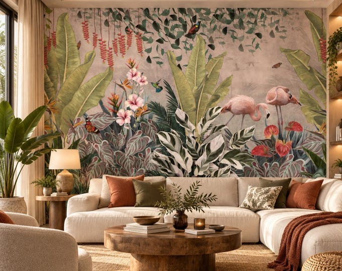 Flamingo Jungle Wallpaper | Tropical Botanical Wall Mural | Pink Flamingo & Exotic Leaf Wallpaper