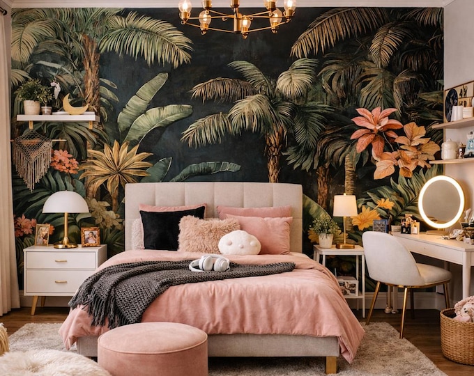 Dark Jungle Wall Mural – Custom Made Tropical Feature Wall for Bedroom, Living Room, Nursery mould-resistant, anti-fungal wall covering