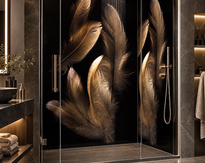 Black Gold Feather Shower Panel, Luxury Waterproof Wall Art, Grout-Free Bathroom Feature