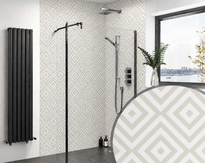 Ethereal Geometry Shower Panel, Beige Diamond Wall Mural, Waterproof Minimalist Bathroom Decor