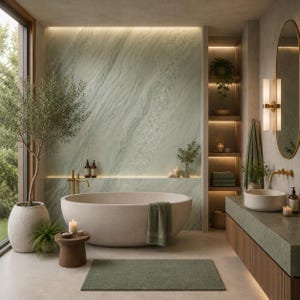 May include: A serene bathroom scene featuring a large, oval-shaped bathtub. The room has a green marble accent wall, a wooden side table, and a green bath mat. A large window offers a view of the outdoors, and the space is decorated with plants.
