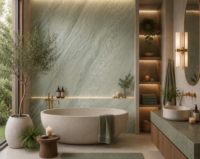 Misty Sage Marble Tile Shower Panel 48" x 96", Waterproof Bathroom Cladding, Modern Tile Alternative