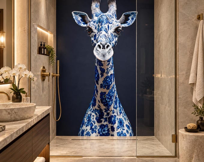 Blue Willow Giraffe Shower Panel, Waterproof Wall Panel, Custom Bathroom Tile Look