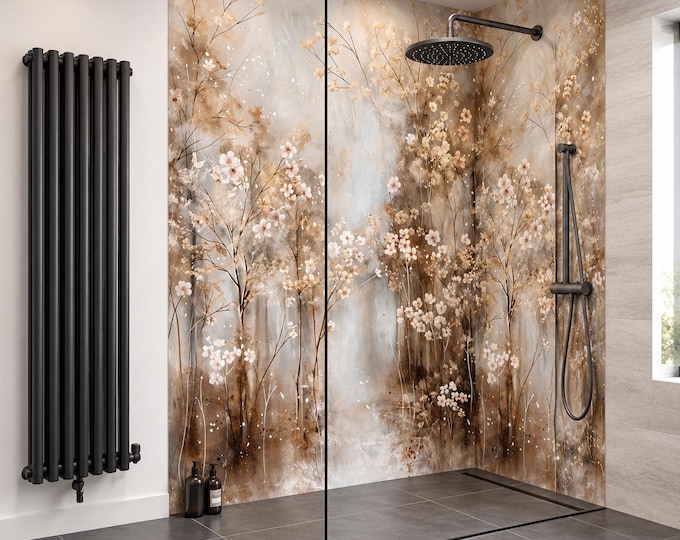 Blossom Whisper Floral Shower Panel – Beige Botanical Wall Panel, Luxury Waterproof Bathroom Wall Art, Neutral Flower Shower Surround