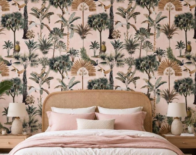 Exotic Palm Tree Pink Wallpaper – Tropical Botanical Chinoiserie Mural (Peel and Stick)