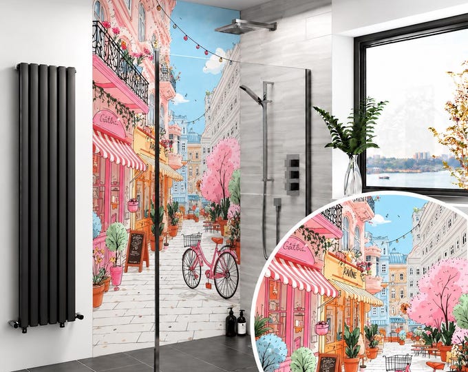 Pink Paris Street Shower Panel – Romantic European Café Bathroom Wall Panel, Bicycle & Blossom Waterproof Shower Wall