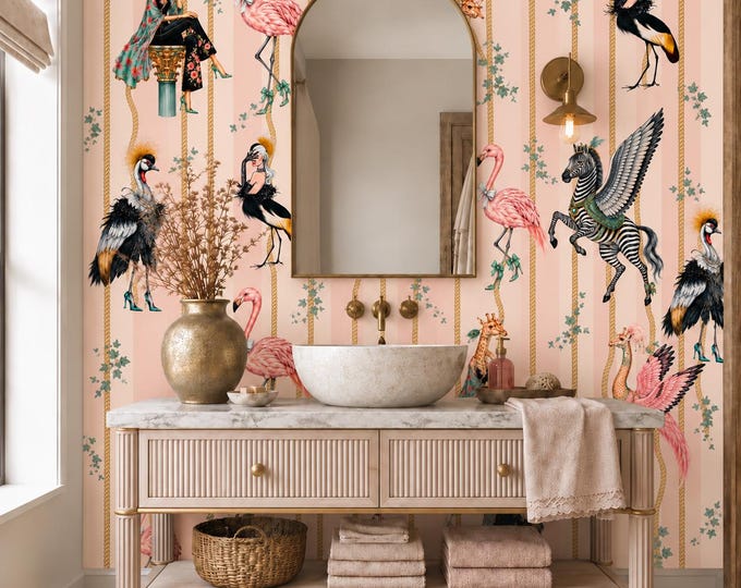 Striped Pink Wallpaper, Magical Animals Whimsical,  Exotic Animals Wall Mural with Zebra, Flamingo, Giraffe, Fantasy Botanical Mural